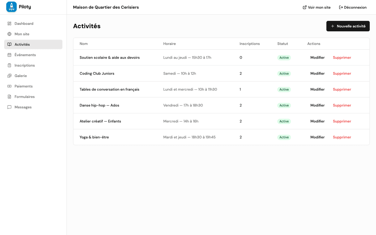 Gestion des activités dans Piloty