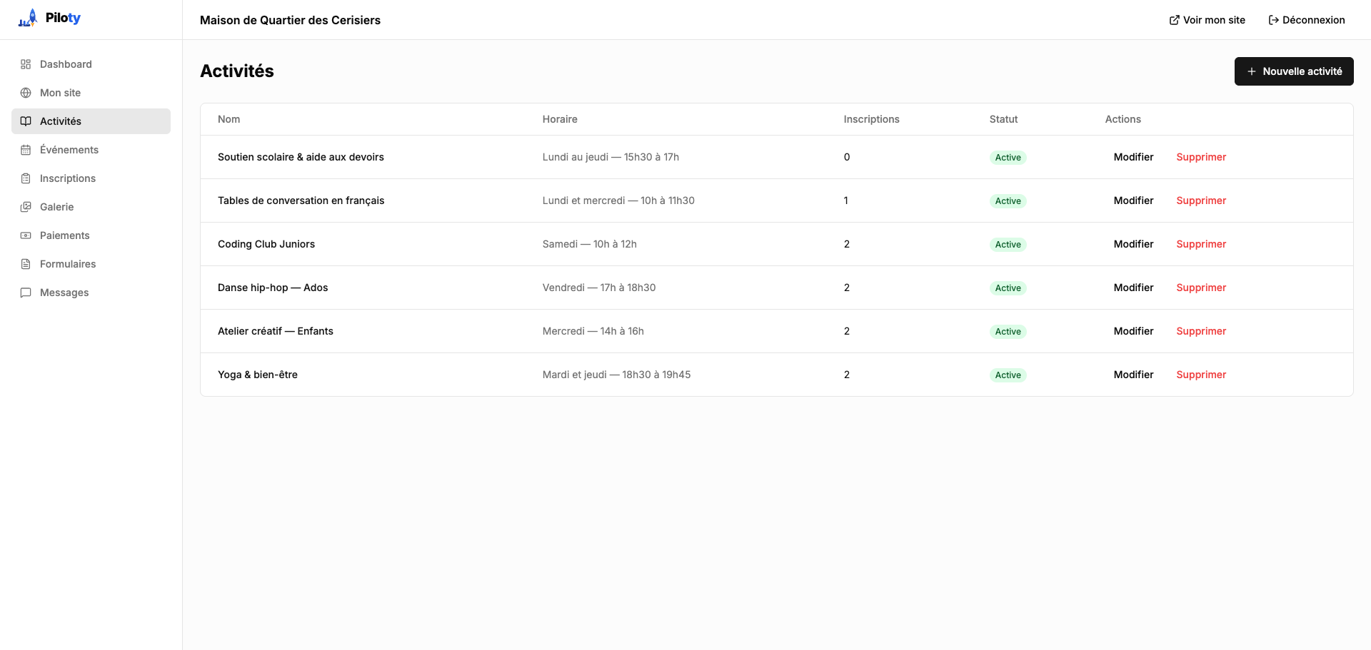 Gestion des activités dans Piloty
