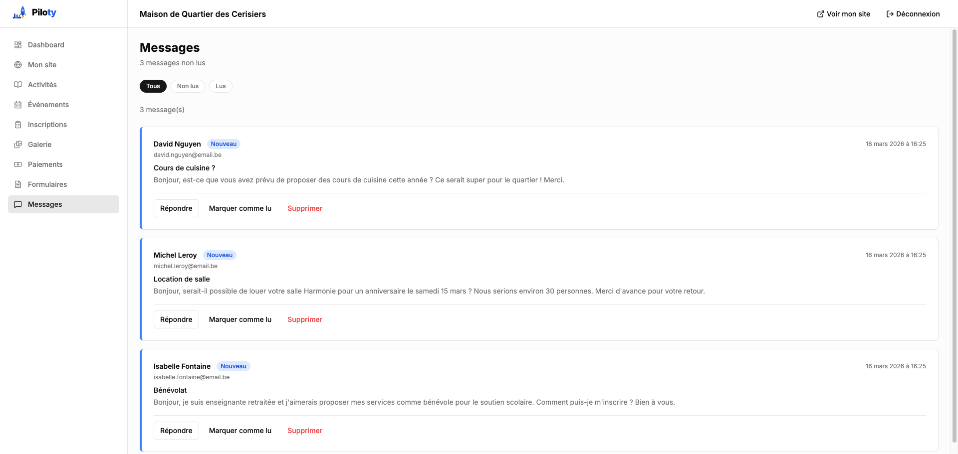 Messages de contact dans Piloty